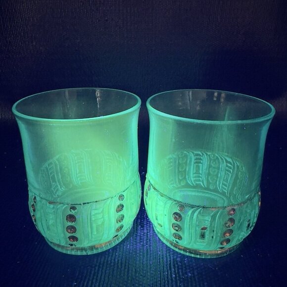 EAPG 1898 Riverside Olympia Glass Seed Pod Blue Tumblers Set Manganese 365nm UV - Picture 1 of 14